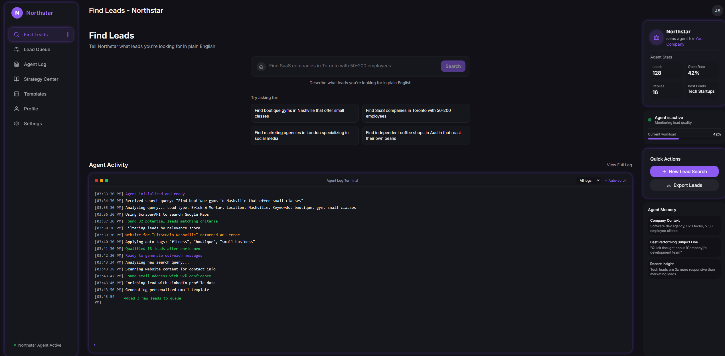 AI Lead Generation Agent - Main Screen